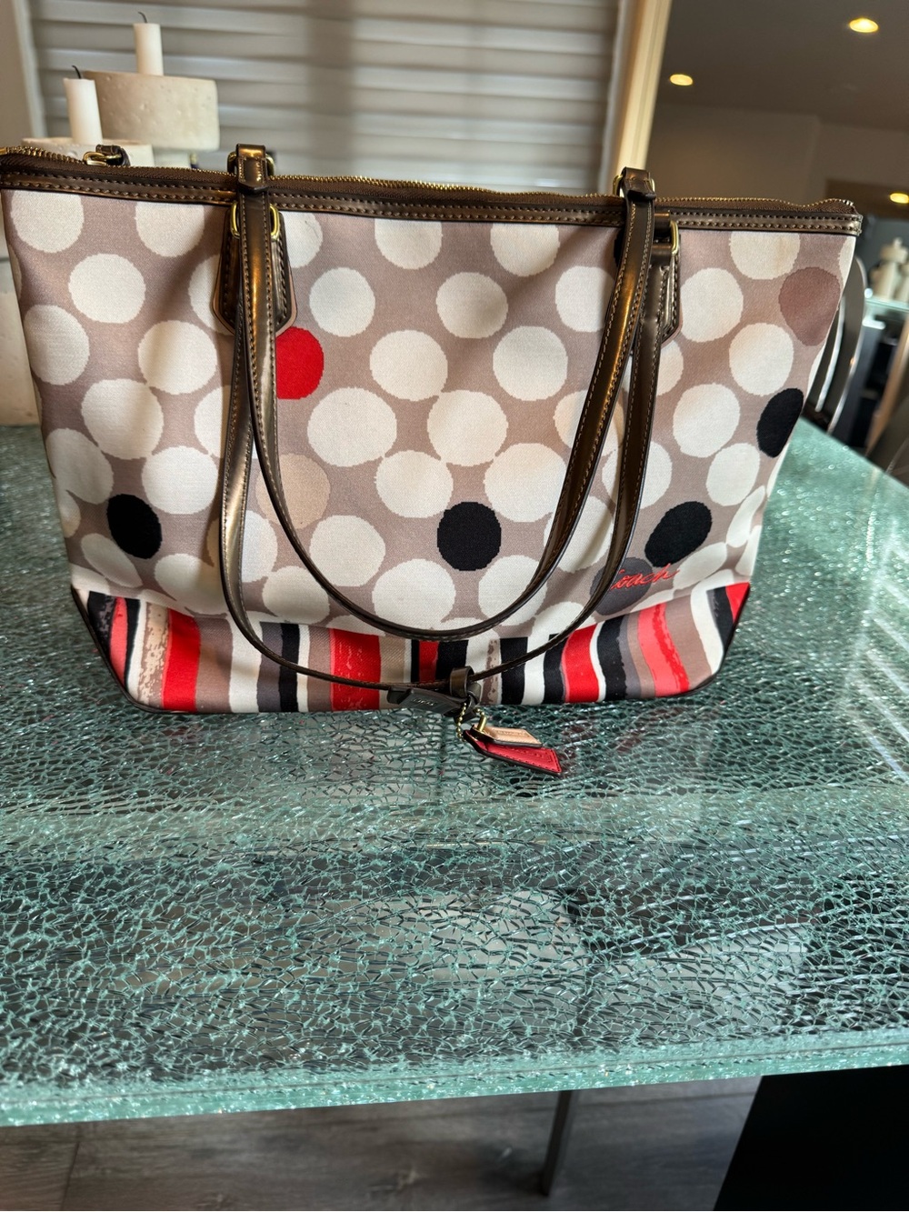 Coach Beige Canvas Polka Dot Tote with Red and Black Accents